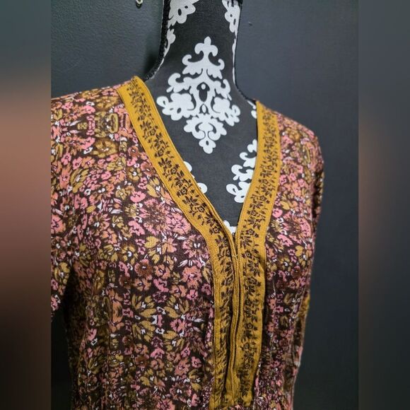 Long Boho Dress Floral Print Sz XL V Neck Elastic Waist Earth Tones Peasant - Picture 10 of 11